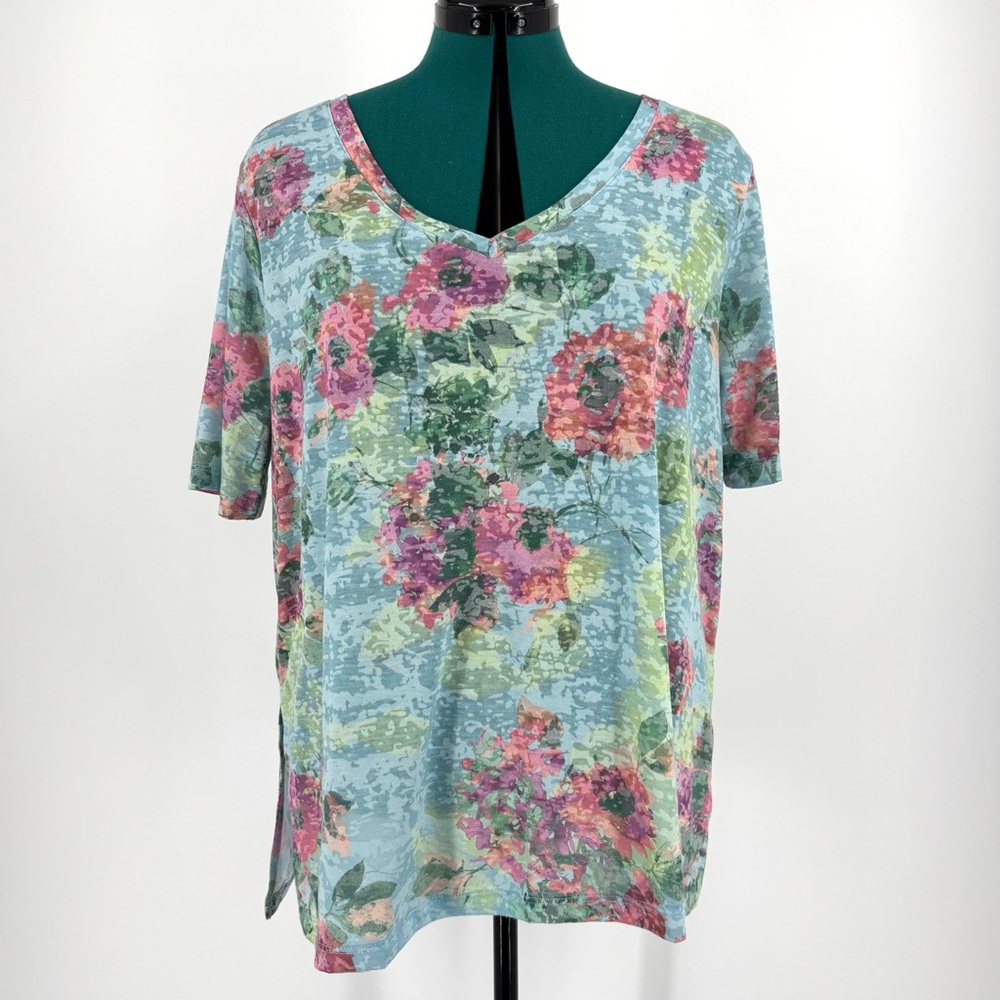 FDJ Soltice Floral Print Short Sleeve V-Neck Top, Large